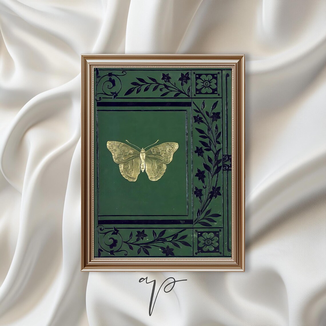 Vintage Green Book Cover With Gold Butterfly Library Art Poster