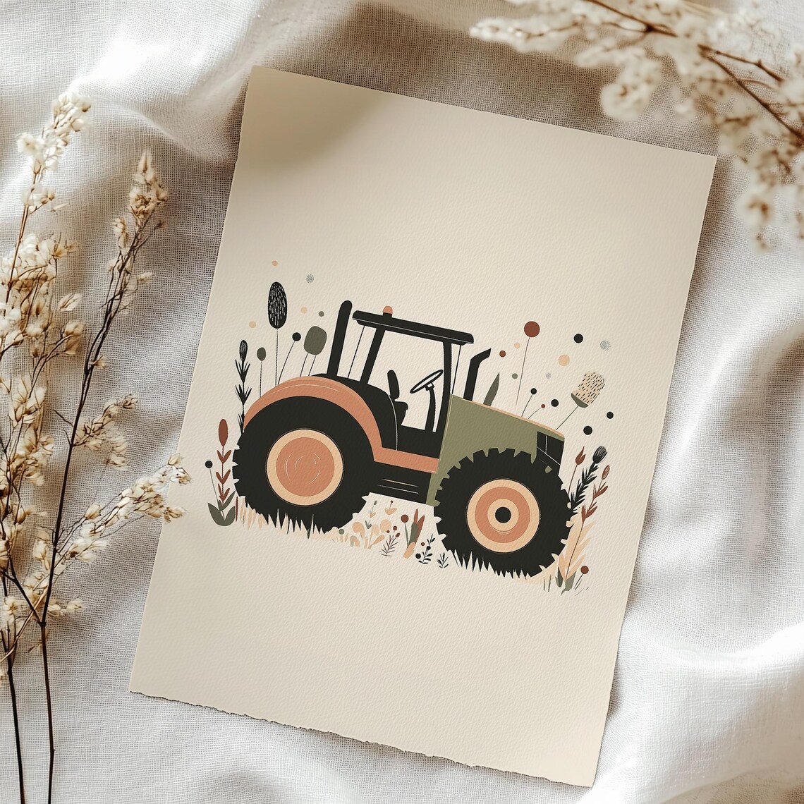 Green Farm Tractor With Wildflowers Nursery Boys Room Art Poster - Image 3