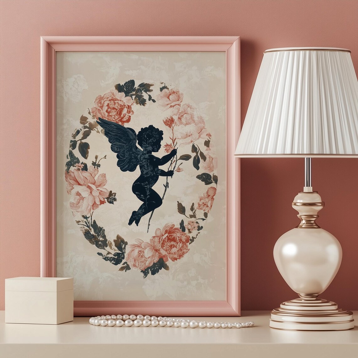 Dark Cherub Silhouette in Coral Rose Wreath Romantic Vintage Print - Image 2