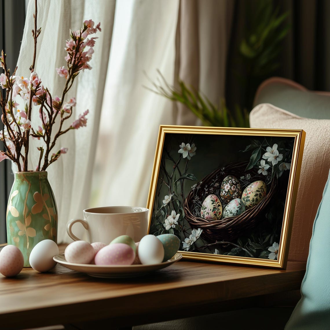 Floral Easter Eggs In Wicker Basket With White Blossoms Poster - Image 5