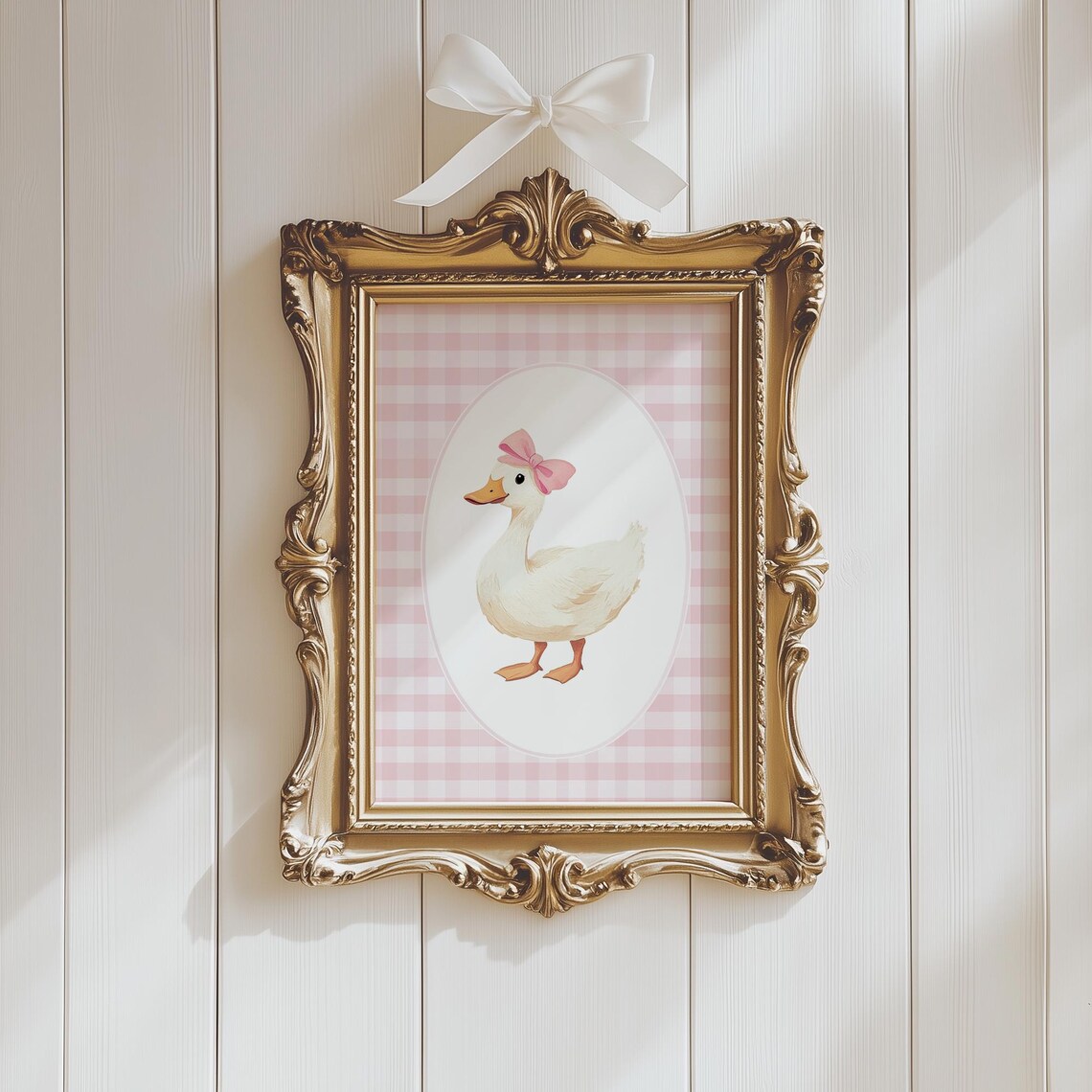 White Duck With Pink Bow Pink Gingham Girls Room Nursery Poster - Image 2