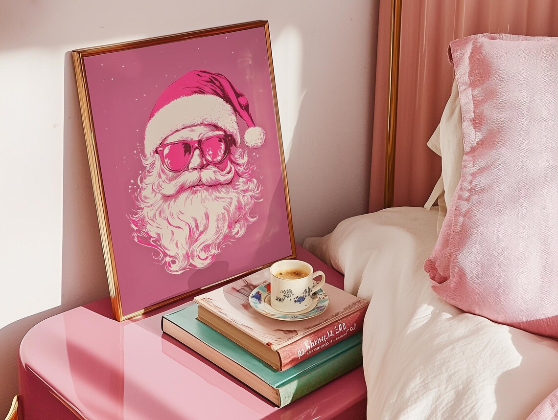 Trendy Pink Santa Claus Wall Art Sunglasses Santa Poster Girly Christmas Dorm Print Seasonal Holiday Decor Pink Christmas Art - Image 3