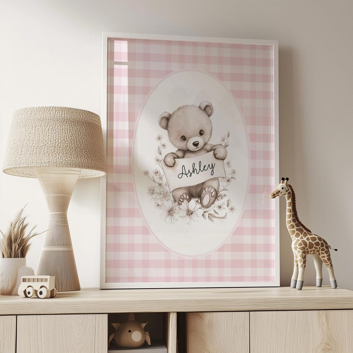 Personalized Teddy Bear Name Banner Pink Gingham Nursery Gift Poster - Image 2