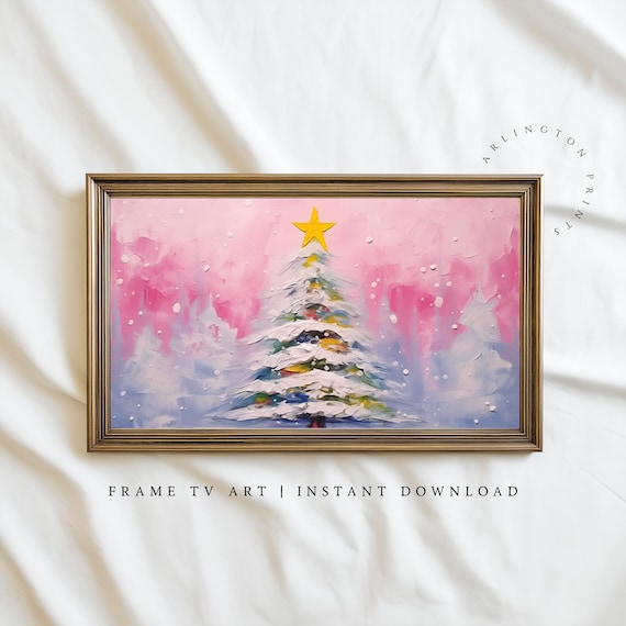 Pink Christmas Tree Gold Star Snowy Pastel Holiday Painting Poster