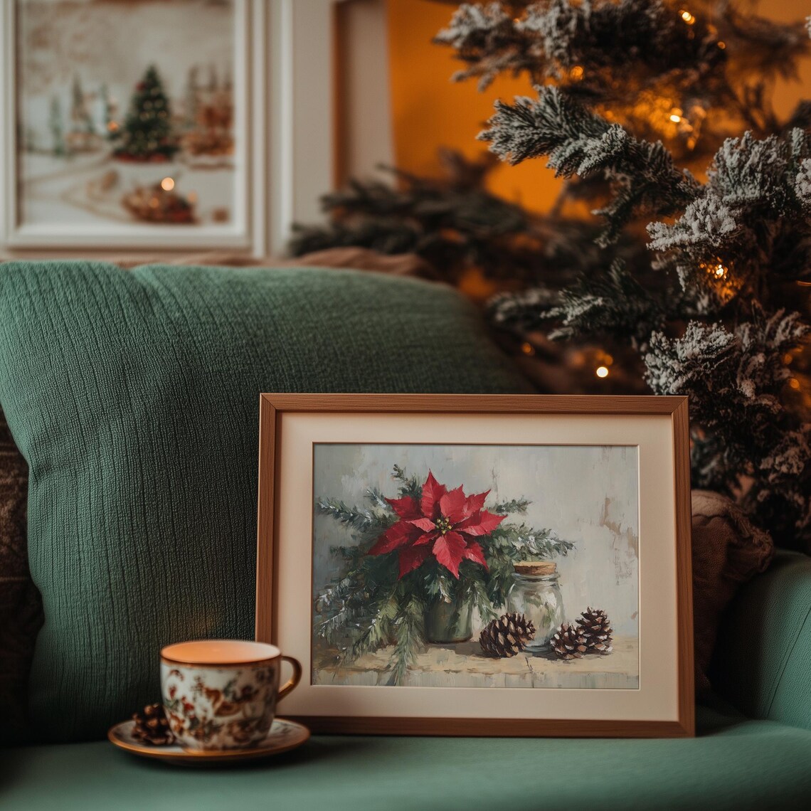 Red Poinsettia Pinecones Rustic Still Life Christmas Wall Print - Image 4