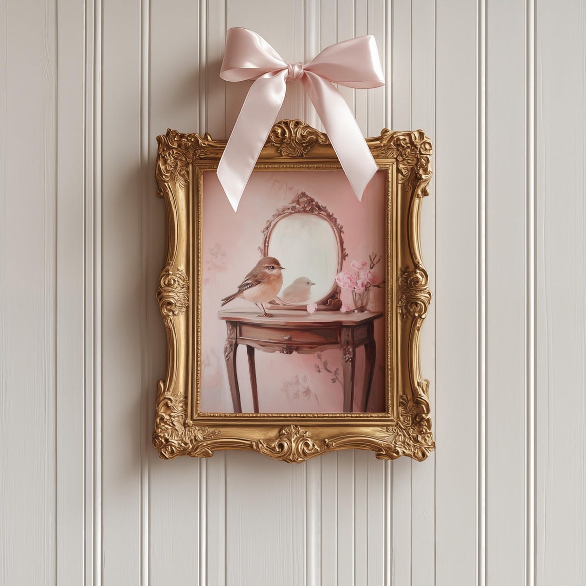 Little Bird on Pink Vanity Table with Ornate Mirror Cozy Art Print - Image 4