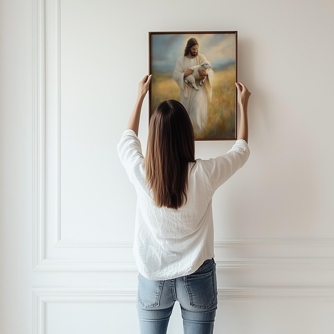 Jesus Christ Holding Lamb Golden Wheat Field Faith Art Print - Image 2