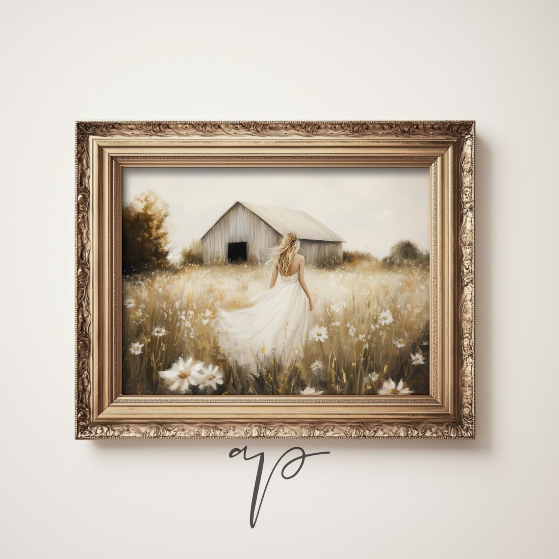 Woman In White Dress Walking Through Wildflower Field Poster