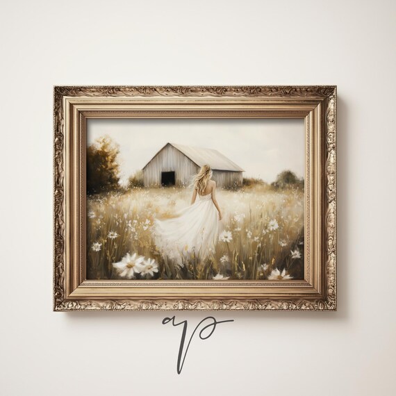 Woman In White Dress Walking Through Wildflower Field Poster