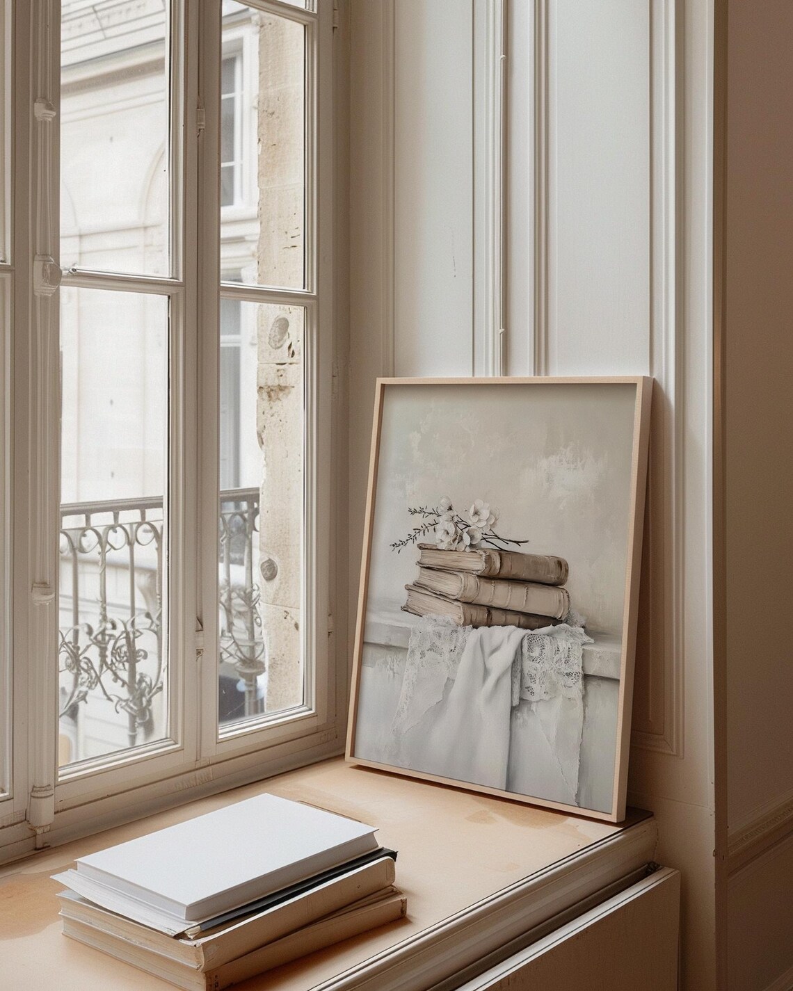 Stack of Antique Books with White Flowers and Lace Neutral Print - Image 3