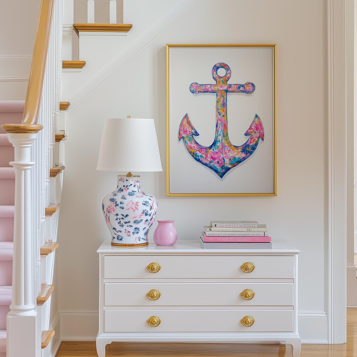 Floral Anchor Watercolor Preppy Coastal Nautical Pink Blue Poster - Image 4