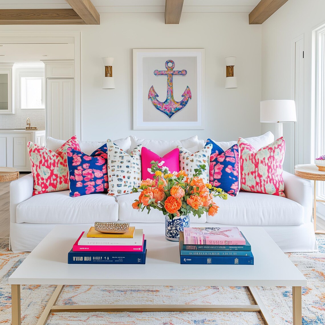 Floral Anchor Watercolor Preppy Coastal Nautical Pink Blue Poster - Image 3
