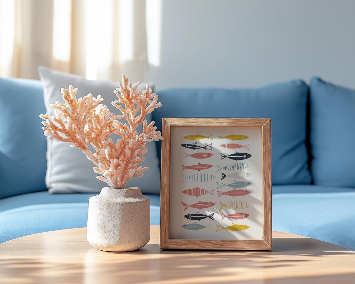 Mid Century Fish School Pattern Retro Scandinavian Wall Poster - Image 2
