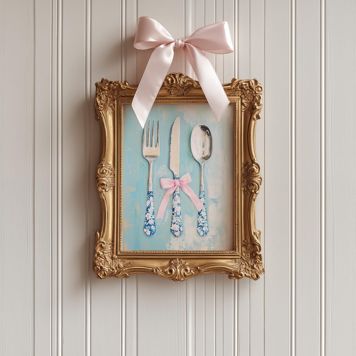 Vintage Cutlery Blue Floral Handles Pink Bow Kitchen Art Print - Image 5
