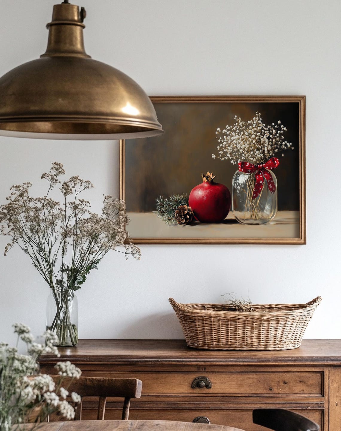 Red Pomegranate Baby Breath Still Life Vintage Holiday Wall Print - Image 2