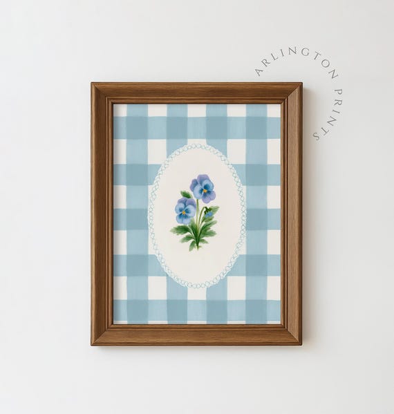 Blue Gingham Botanical Pansy, Retro Floral Art Print