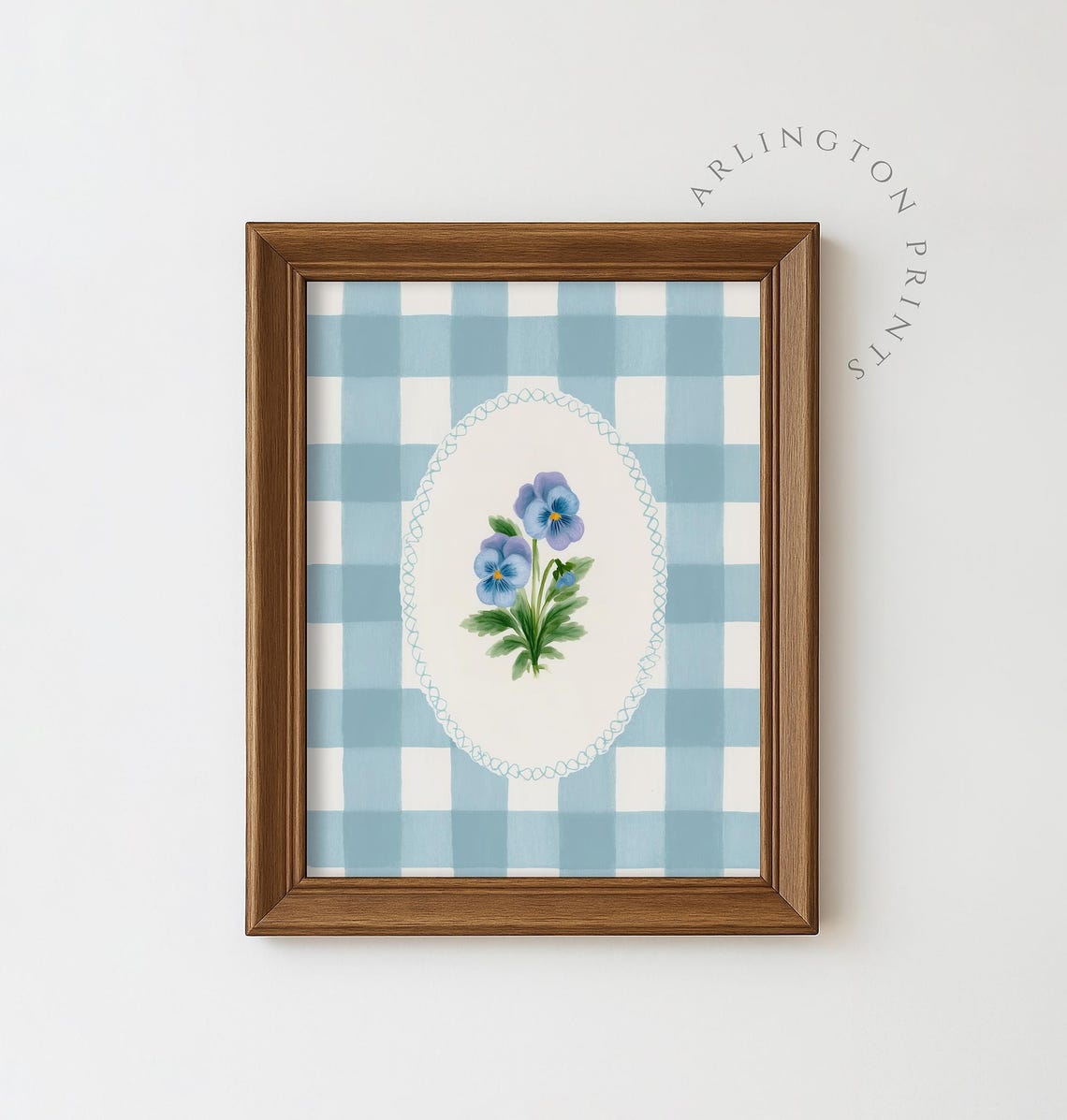 Blue Gingham Botanical Pansy, Retro Floral Art Print