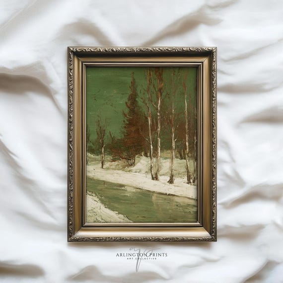 Snowy Forest River Art Print Antique Winter Landscape Painting Neutral Rustic Wall Cozy Cabin Country Home Decor Sg12