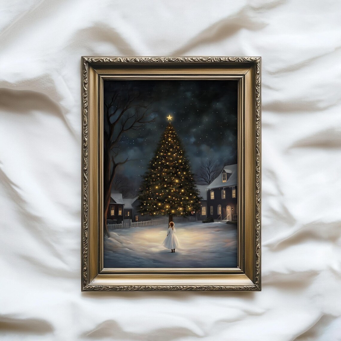 Little Girl Gazing At Starry Christmas Tree Cozy Winter Village Poster