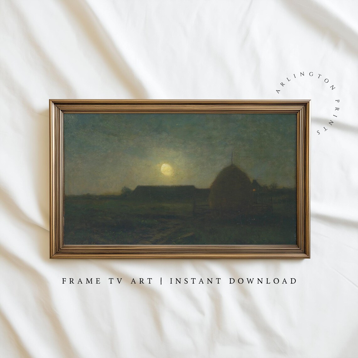 Vintage Moonlit Farm Landscape Night Painting Moody Rural Scene Poster