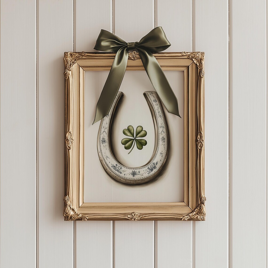 Cream Porcelain Horseshoe Shamrock Floral Lucky Charm Art Print - Image 2