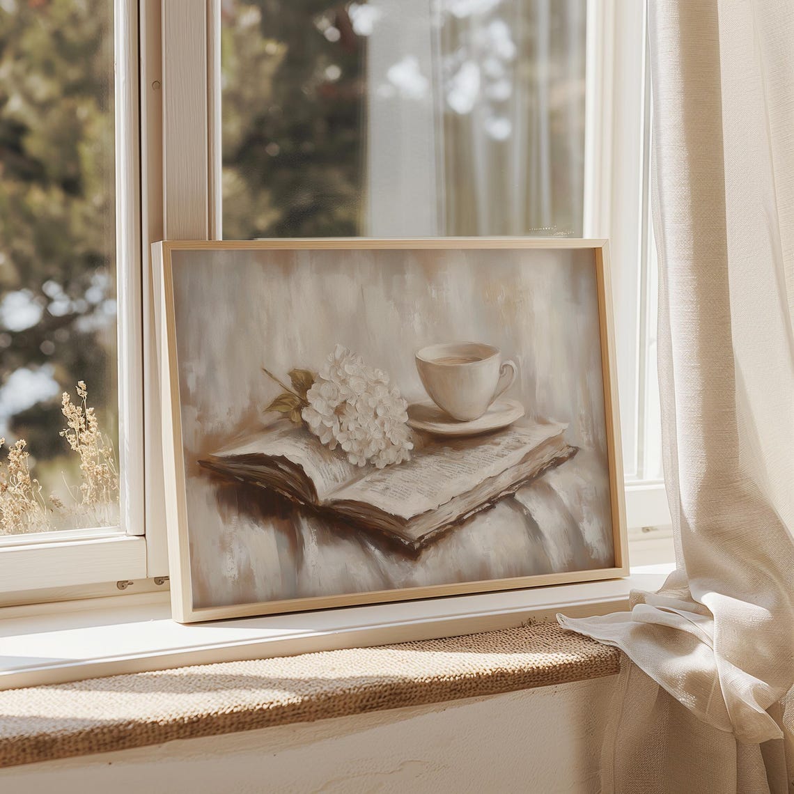 Open Vintage Book with Tea Cup and White Hydrangea Cozy Still Print - Image 4