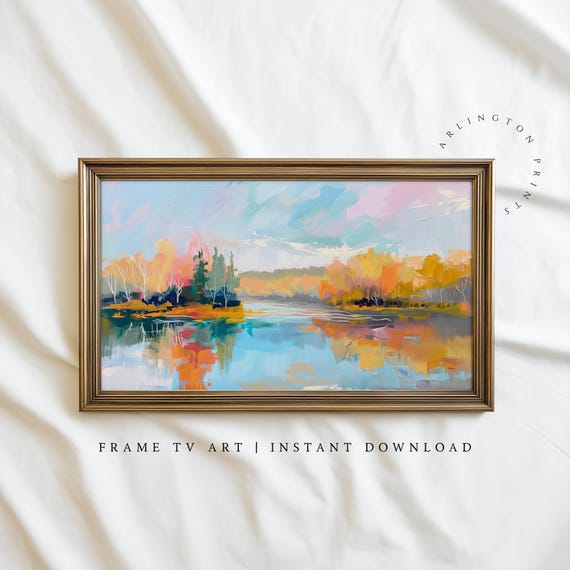 Frame Tv Art Fall Forest And Lake Pastel Colorful Pink Autumn Landscape Painting October File For Girls Room Tv293