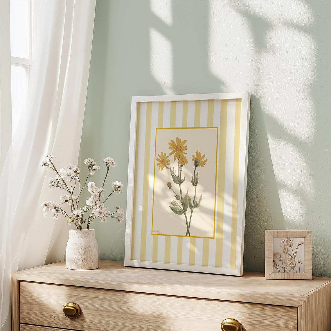 Yellow Daisy Botanical Sketch on Golden Stripes Farmhouse Poster - Image 3