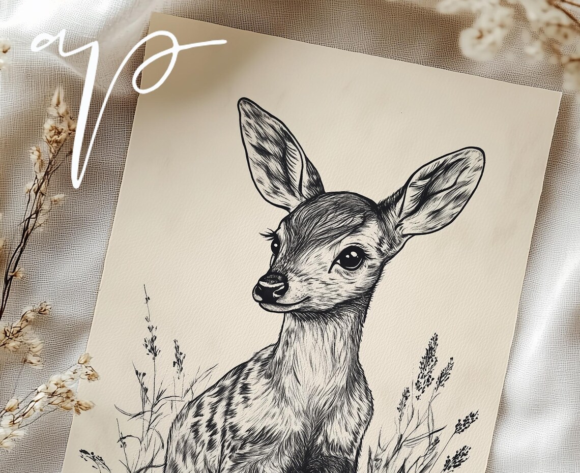 Antique Baby Fawn Sketch Deer Woodland Nursery Vintage Poster - Image 4