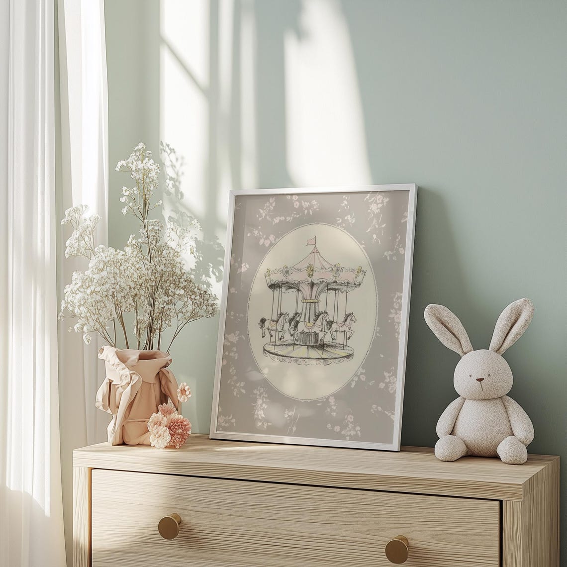 Vintage Carousel Horses Oval Medallion Pink Nursery Art Poster - Image 3