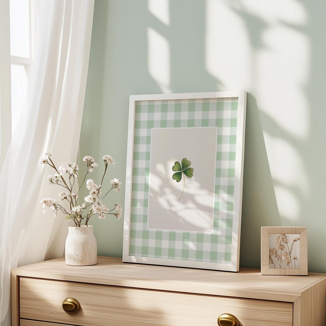 Lucky Four Leaf Clover Watercolor on Green Gingham Check Print - Image 2