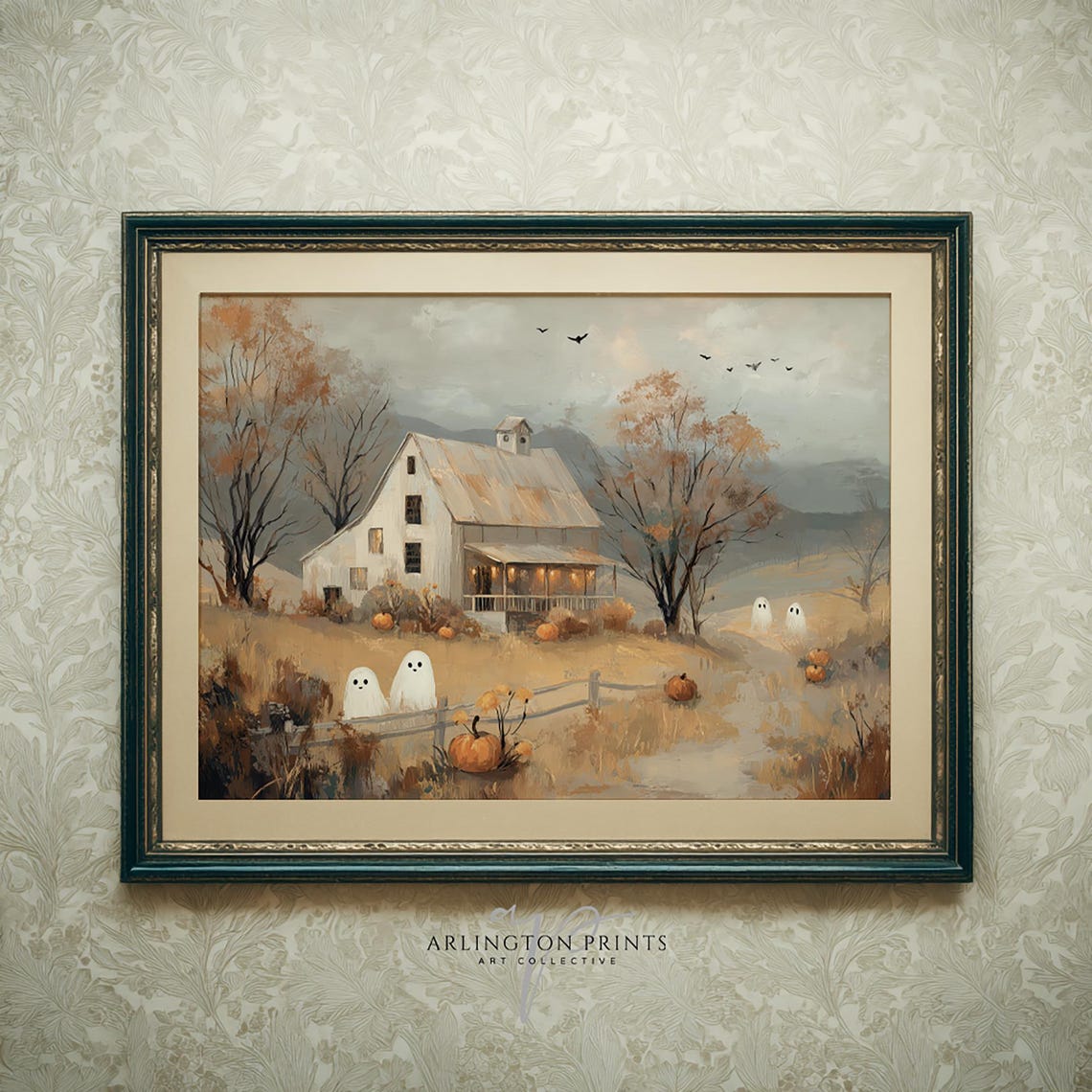 Spooky Farmhouse Ghosts Autumn Pumpkin Vintage Halloween Poster