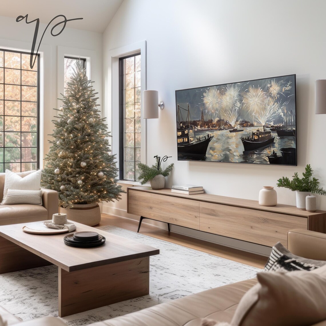 New Year Fireworks Over Harbor Night Boats Oil Painting Poster - Image 3