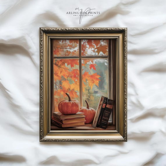 Cozy Fall Window With Pumpkins Autumn Leaves And Books Home Decor Book Lover Thanksgiving 1140