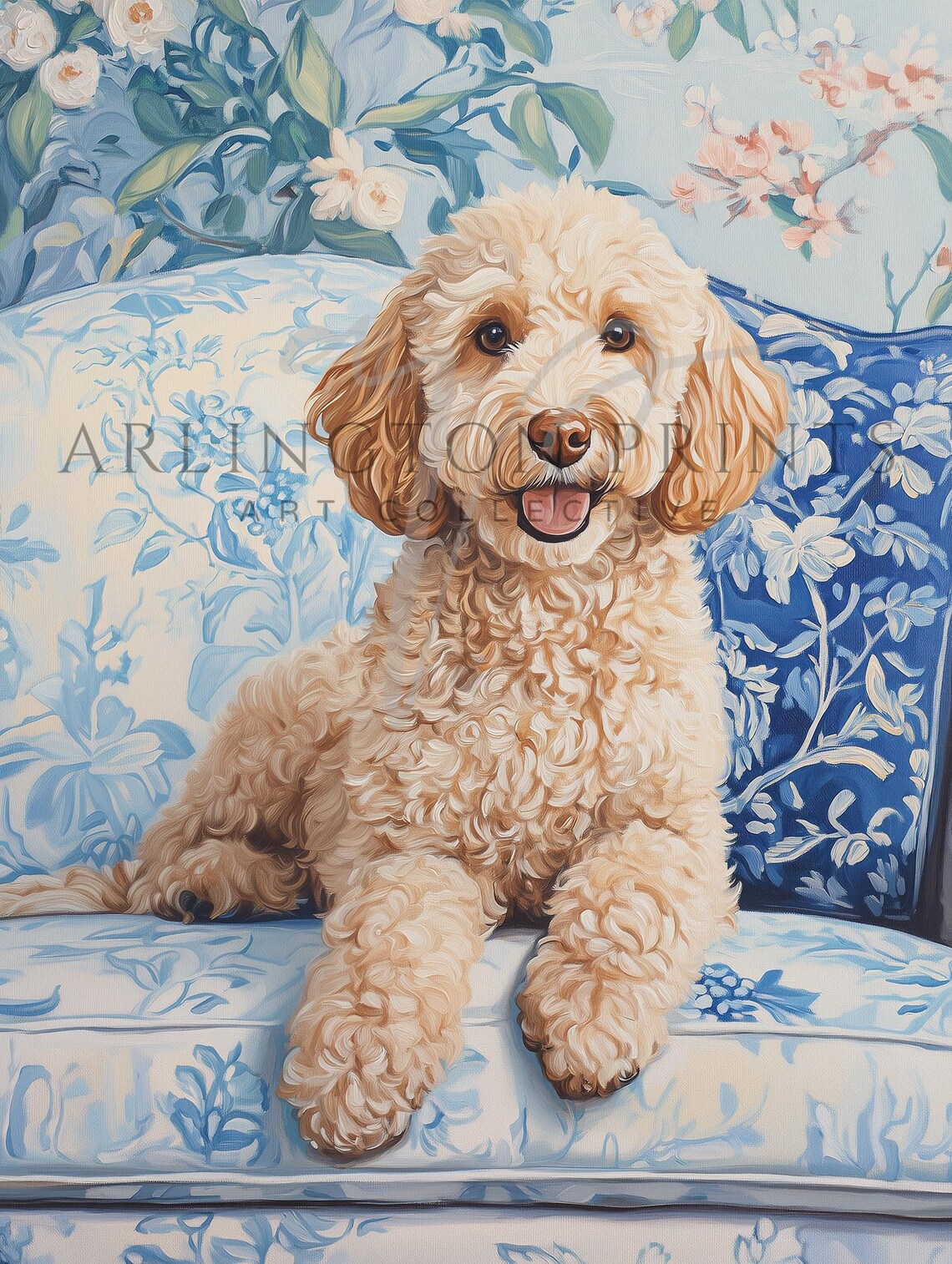 Golden Doodle Puppy On Blue Chinoiserie Floral Couch Dog Poster - Image 3