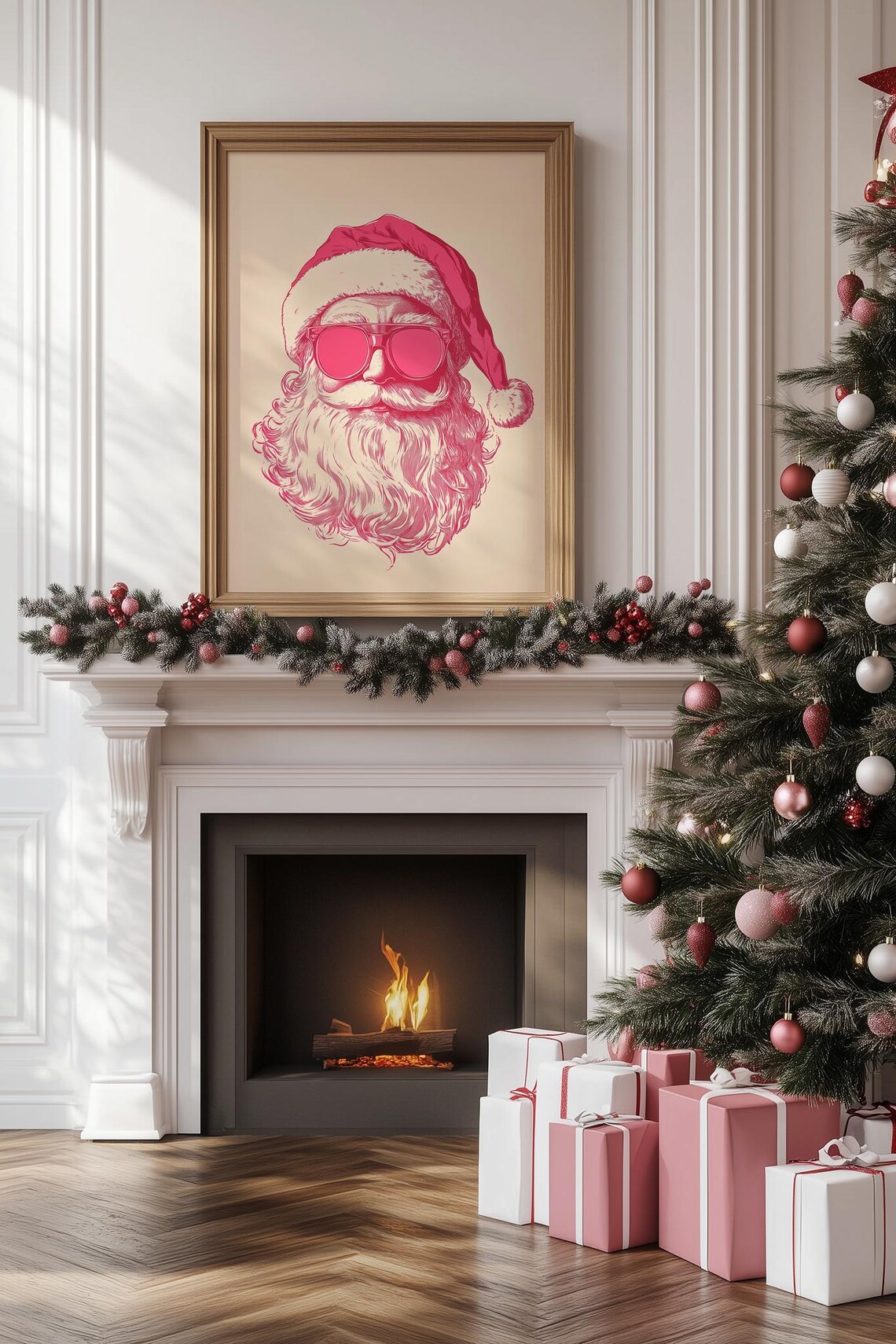 Trendy Pink Santa Claus Wall Art Santa Sunglasses Poster Girly Christmas Dorm Print Seasonal Holiday Decor Pink Christmas Art - Image 2