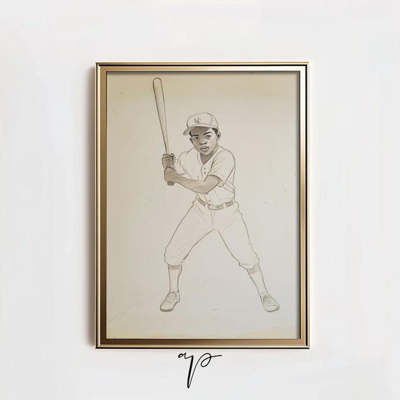 Sports Boy Nursery Decor Vintage Nursery Art Print Black Boy Baseball Art Sketch Kids Room Decor Retro Baseball Wall Art T449