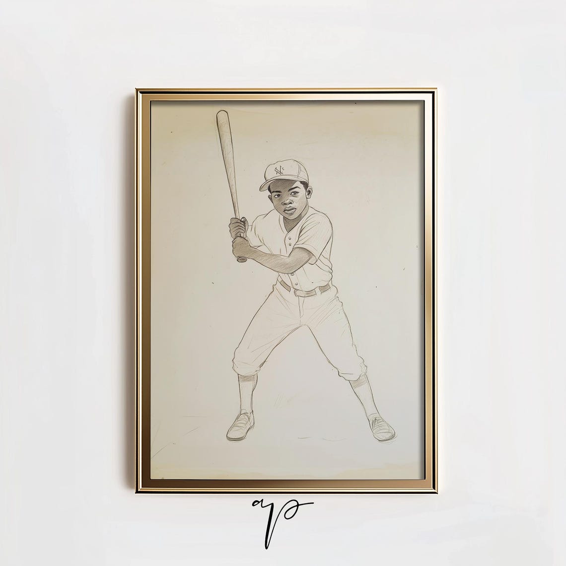 Vintage Baseball Player Boy Sketch Batter Swing Nursery Poster