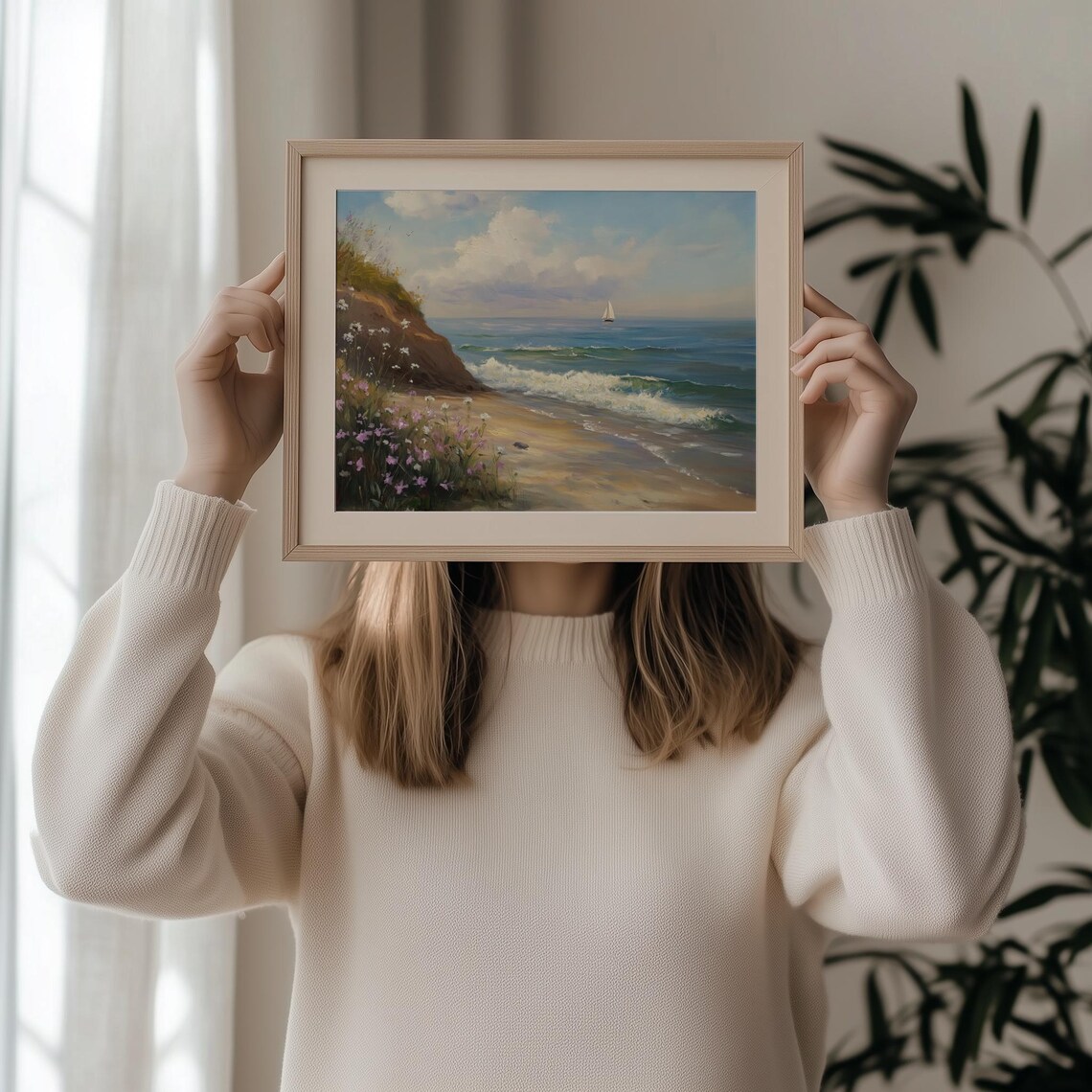 Seascape Sailboat Beach Cliff Wildflowers Serene Coastal Art Poster - Image 2