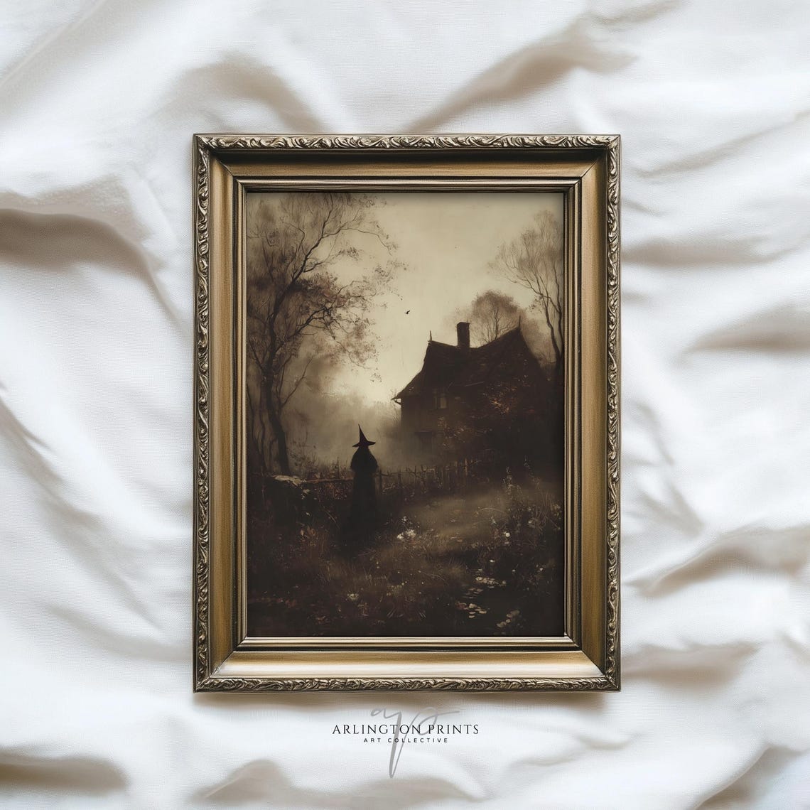 Witch In Misty Dark Forest Haunted House Gothic Halloween Print