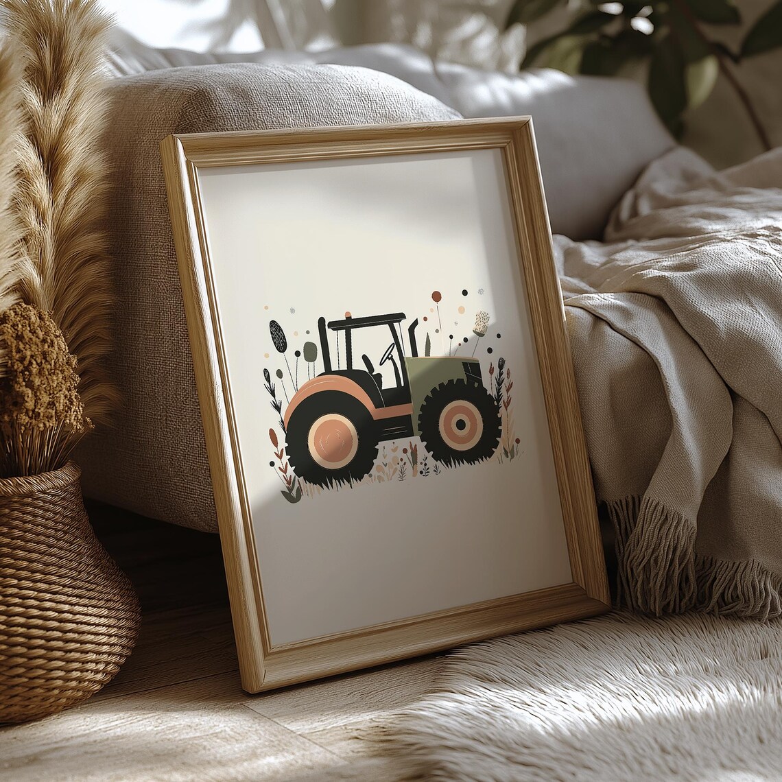 Green Farm Tractor With Wildflowers Nursery Boys Room Art Poster - Image 2