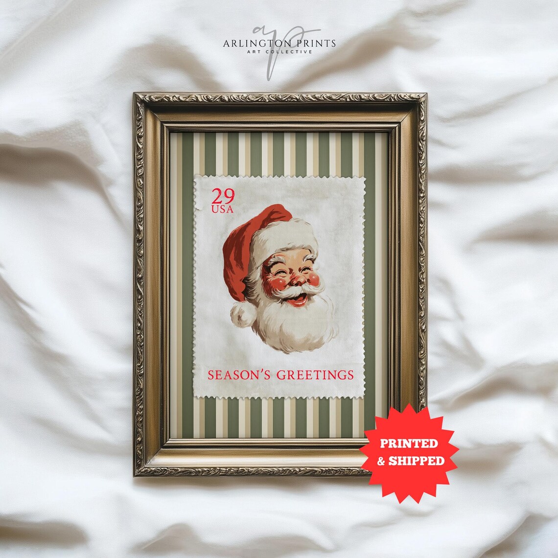 Vintage Christmas Santa Stamp Poster, Retro Holiday Decor