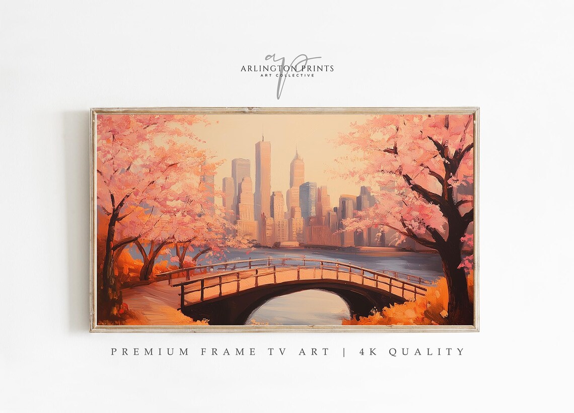 Cherry Blossom Landscape, Spring Bridge Art Print