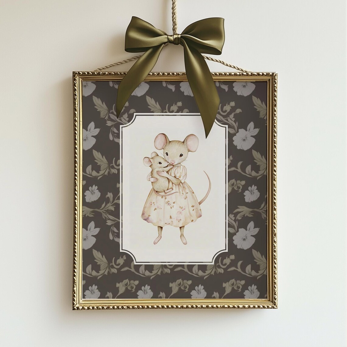 Mother Mouse Hugging Baby In Floral Dress Vintage Nursery Poster