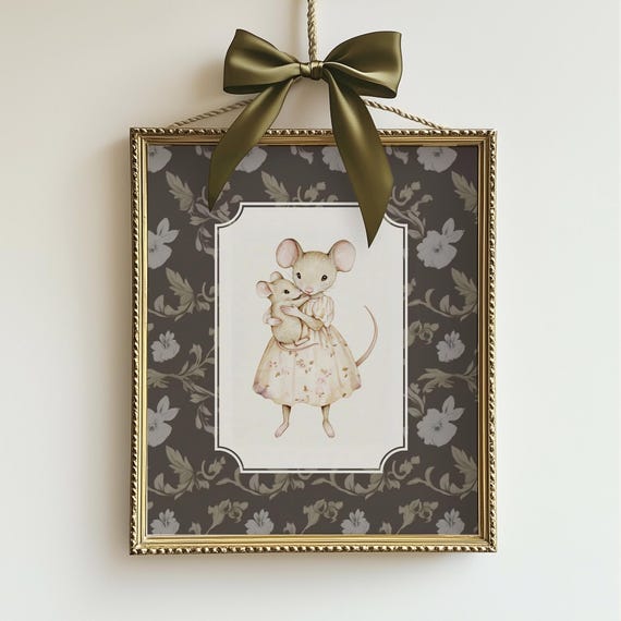 Baby Mouse Art Print Vintage Neutral Nursery Wall Art Cute Mice Wall Art Antique Nursery Decor Country Home Accent Ba14