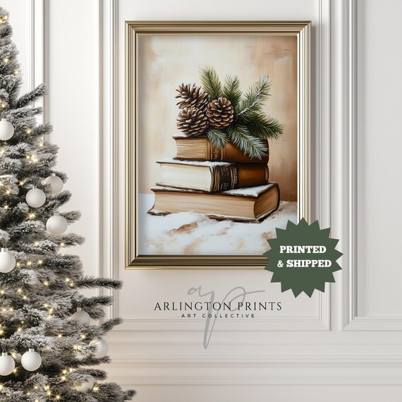 Cozy Christmas Stack of Books Pinecones Winter Still Life Poster