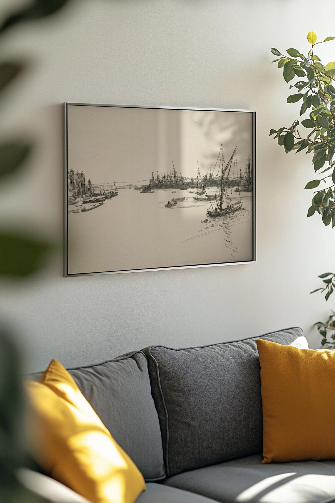 Antique Harbor Sketch Etching Sailboats Ships Ink Drawing Poster - Image 3