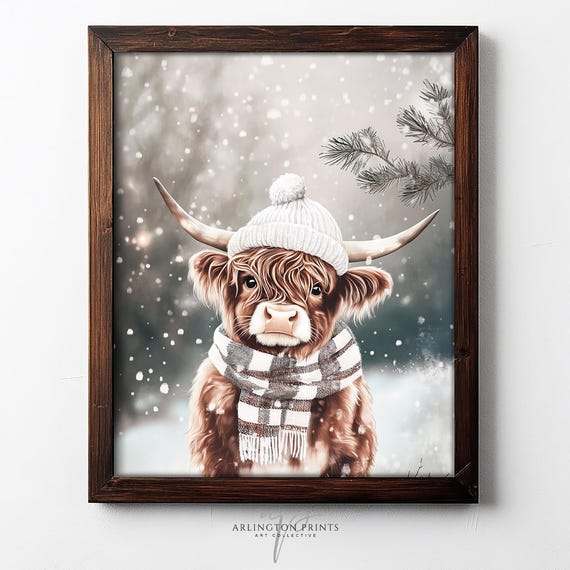 Scottish Highland Cow Art Print, Farmhouse Christmas Decor