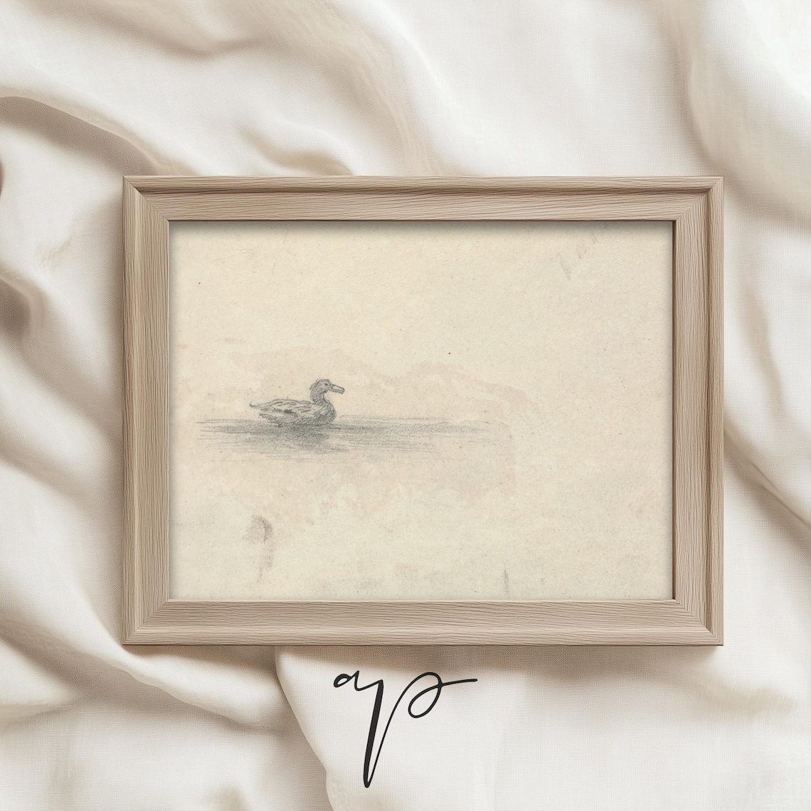 Minimalist Duck Sketch Swimming Antique Farmhouse Art Poster