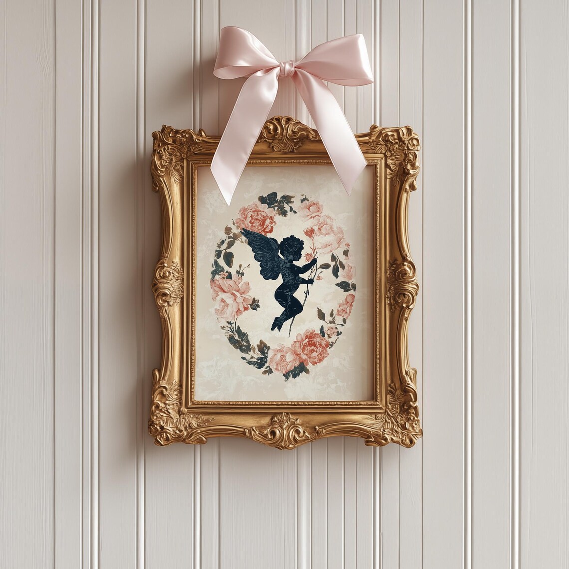 Dark Cherub Silhouette in Coral Rose Wreath Romantic Vintage Print - Image 4